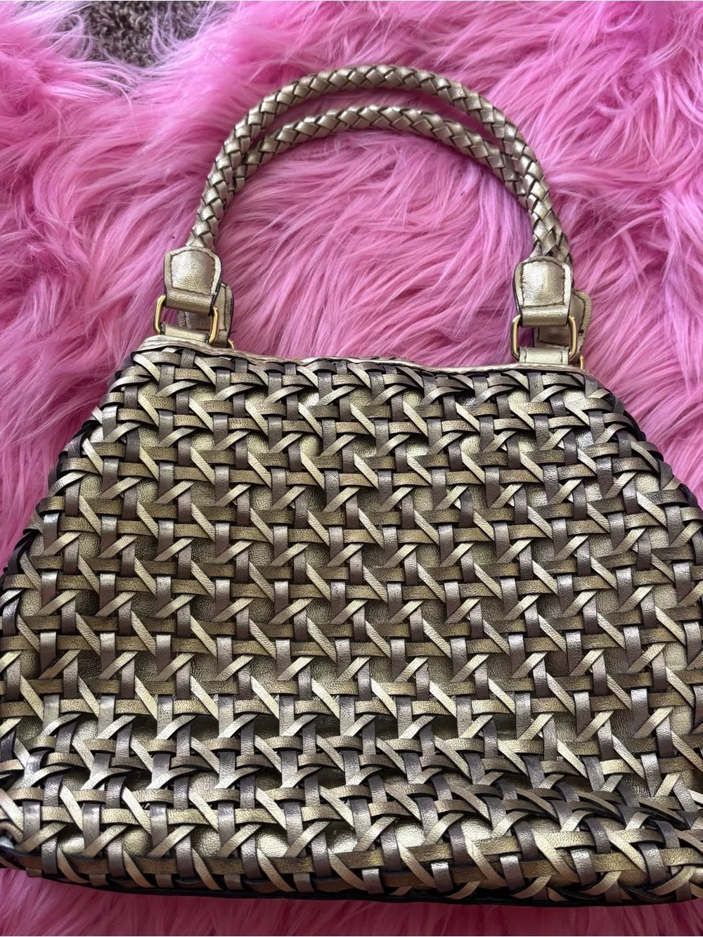 Woven Metallic Bronze Faux Leather Satchel Handbag Braided Handles Boho Chic Pur